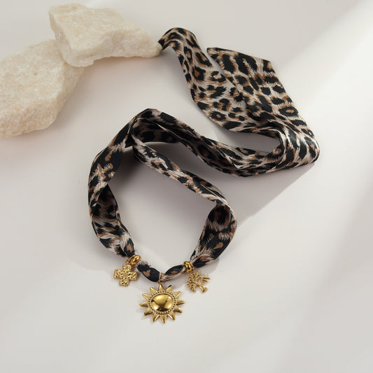 Leopard Print Scarf Sun Pendant Necklace Set