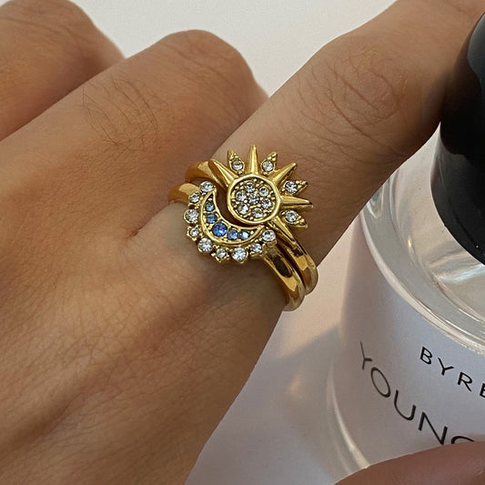 Stainless steel 18k gold-plated sun and moon rings