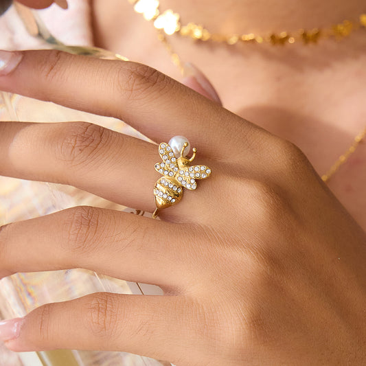 Bee Pearl Adjustable Open Ring