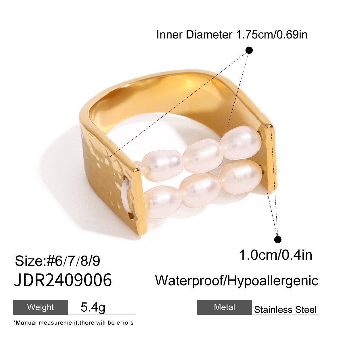 Stainless steel 18k gold-plated pearl ring