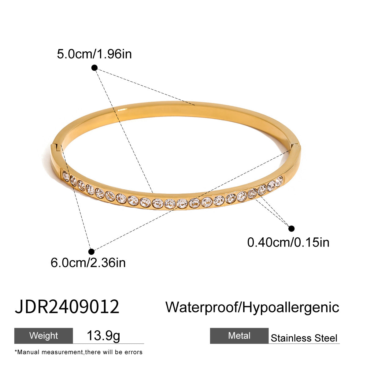 Stainless steel 18k gold-plated rhinestone-clasp bracelet