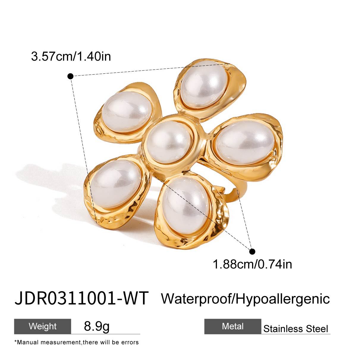 Stainless steel 18k gold-plated pearl flower ring