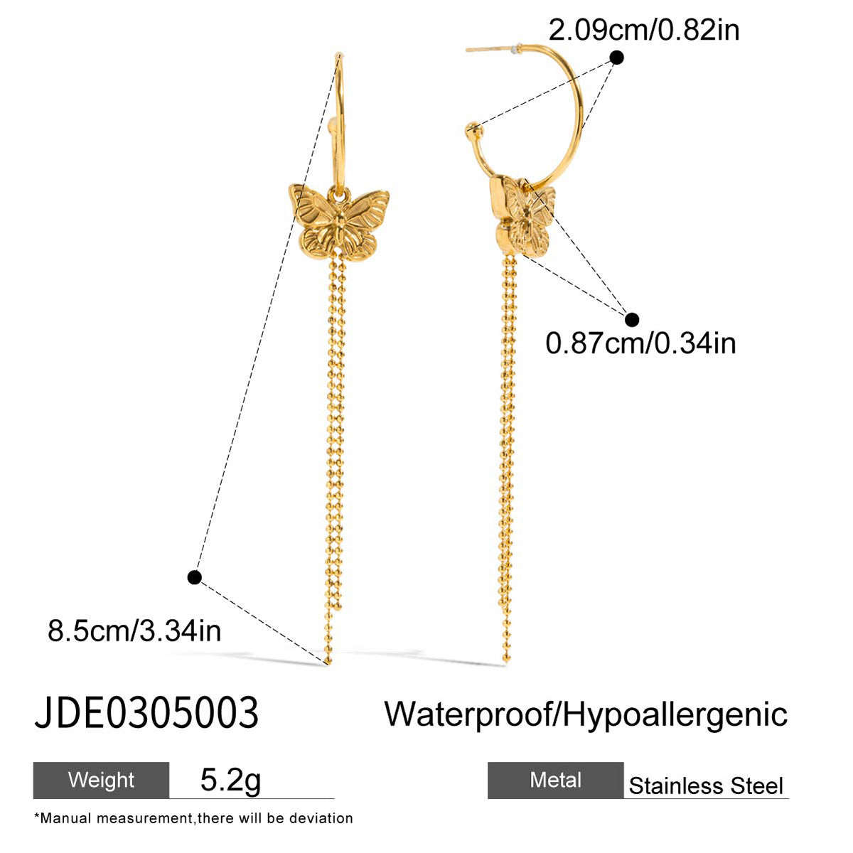 Stainless steel 18k gold-plated butterfly earrings