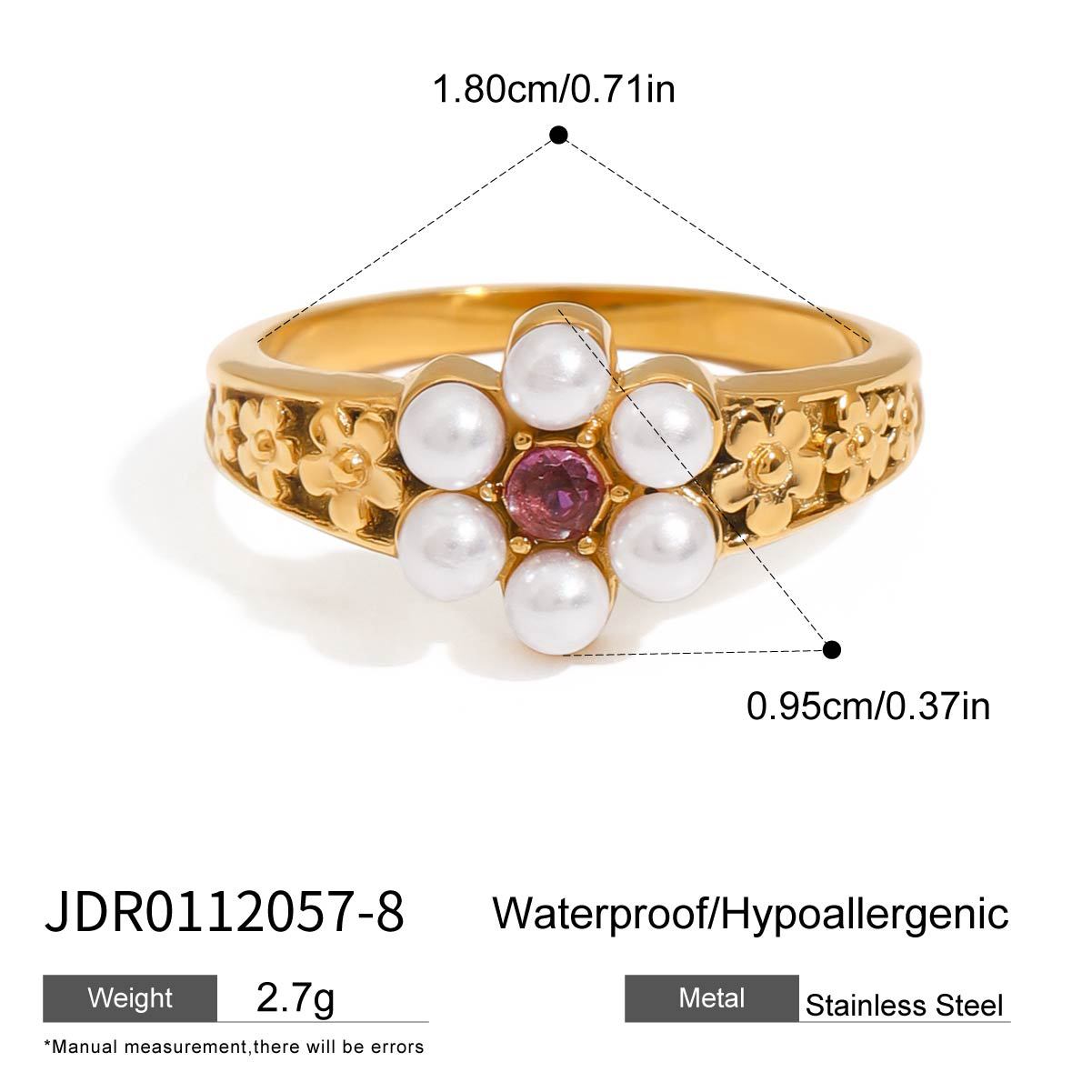 Stainless steel 18k gold-plated pearl flower ring