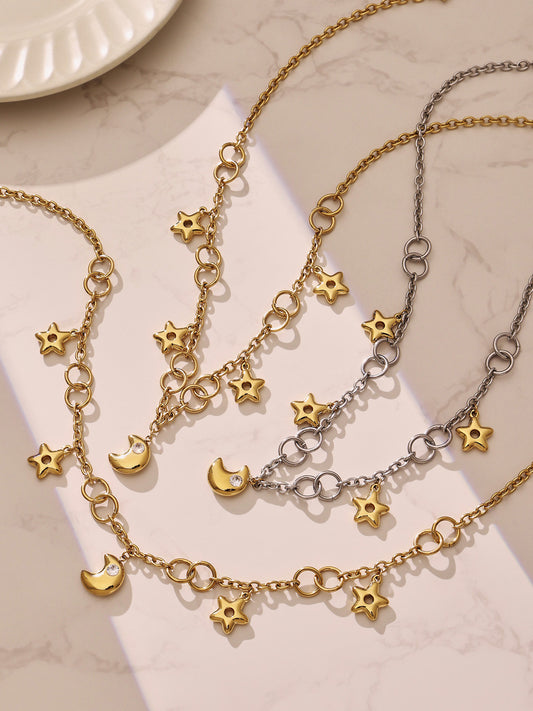 Two-tone cubic zirconia pendant stainless steel jewelry set