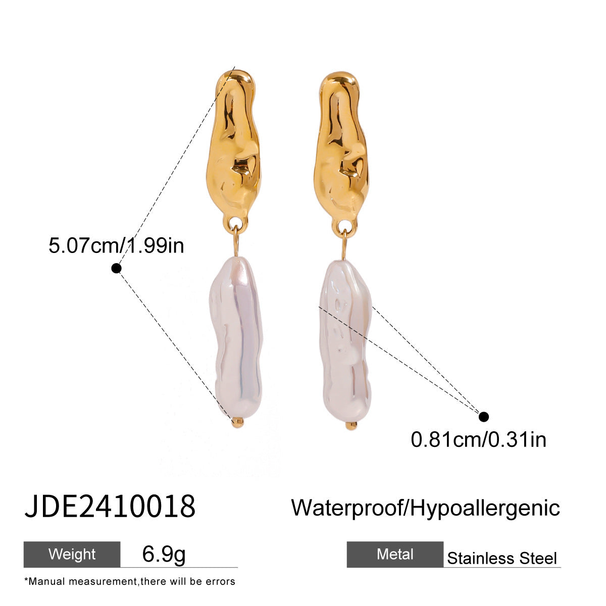 Stainless steel 18k gold-plated pearl earrings