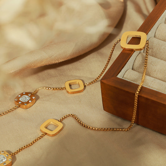 Hollow Zircon Square Pendant Long Necklace