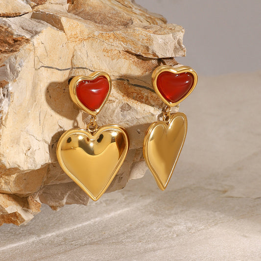 Red Agate Heart Stud Earrings
