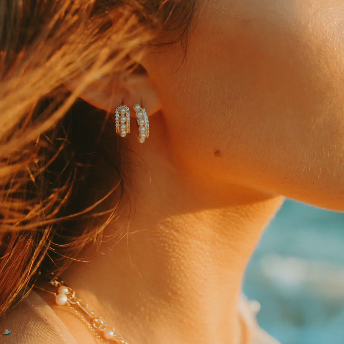 Titanium Steel Pearl Hoop Earrings