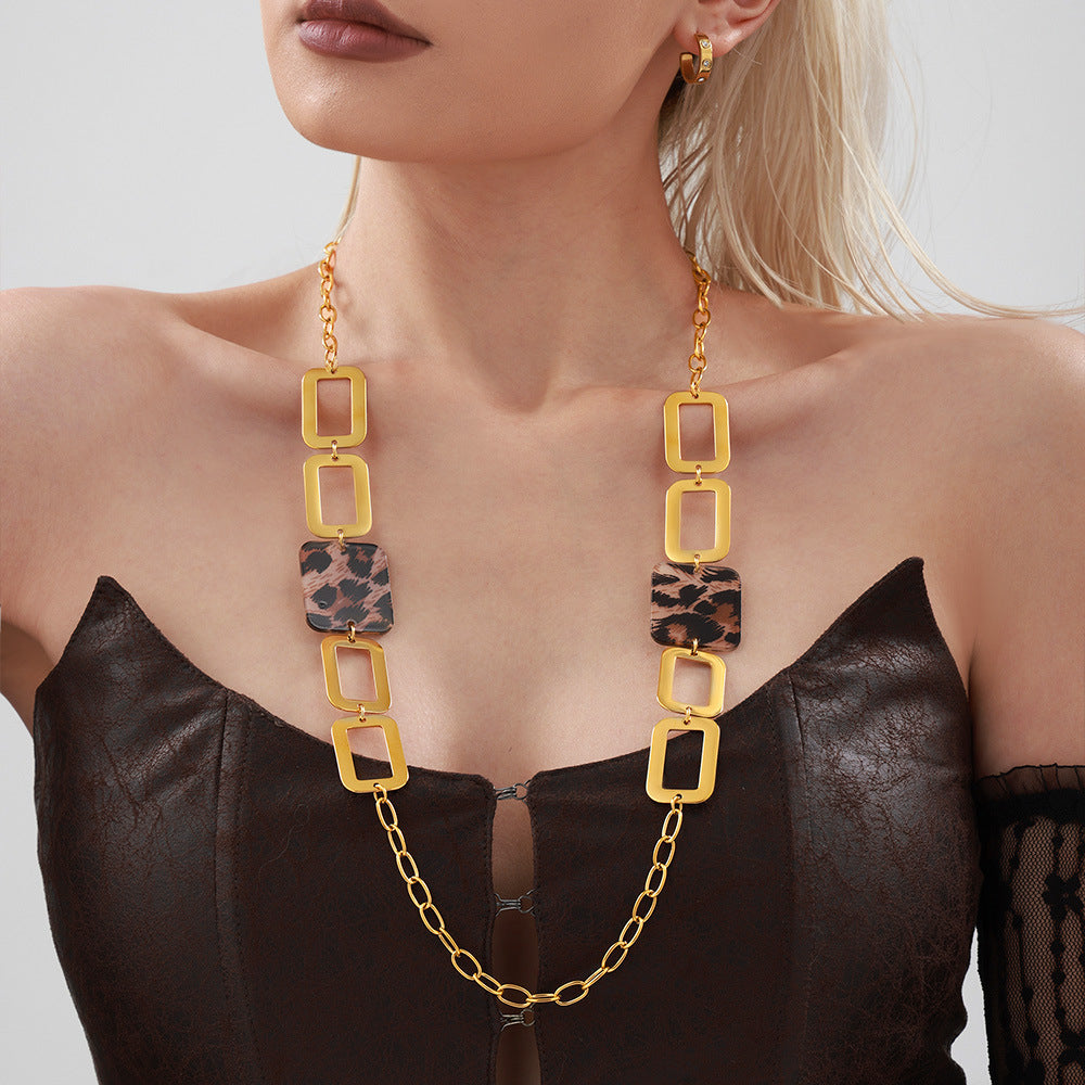 Leopard Print Square Long Sweater Necklace