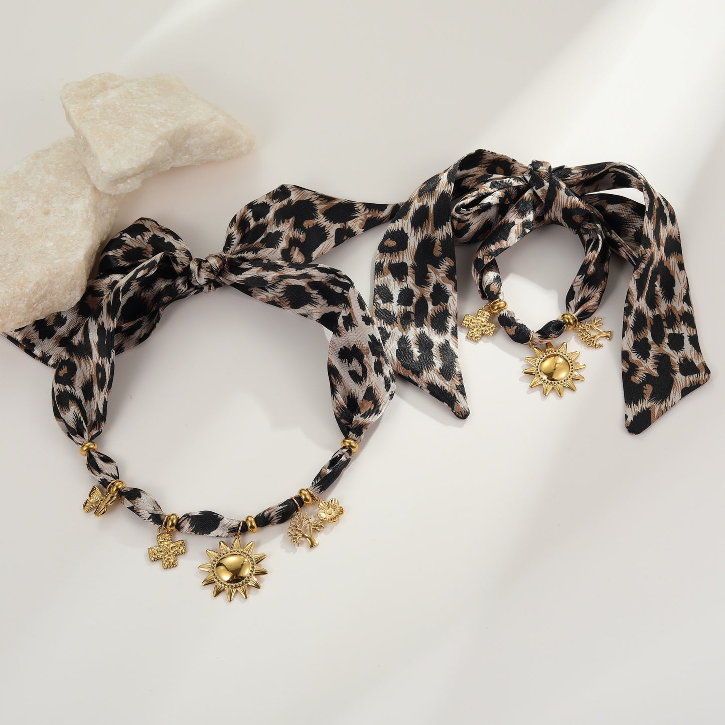 Leopard Print Scarf Sun Pendant Necklace Set