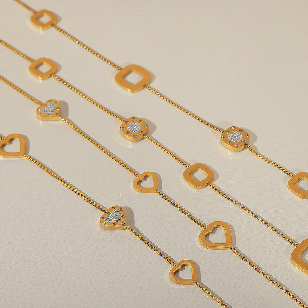 Hollow Zircon Square Pendant Long Necklace