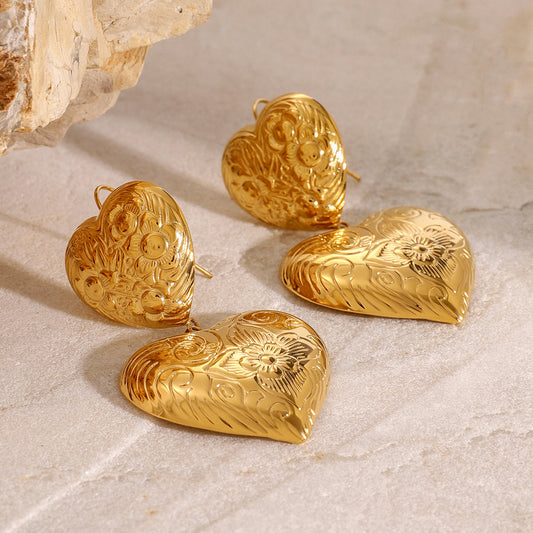 Vintage Heart & Floral Texture Wavy Earrings
