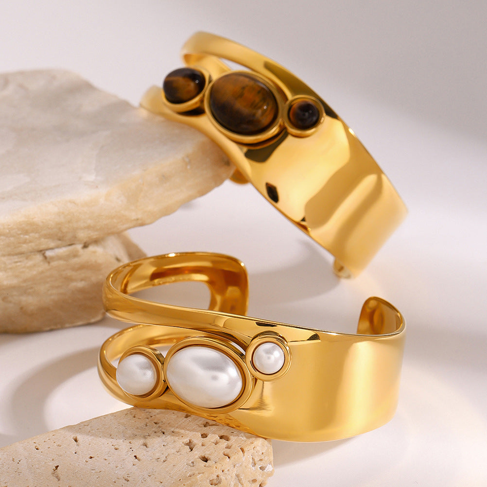 Hollow Pearl Natural Stone Open Bangle
