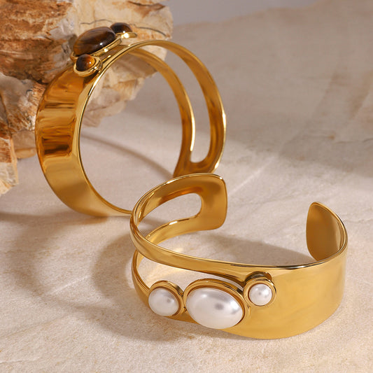 Hollow Pearl Natural Stone Open Bangle
