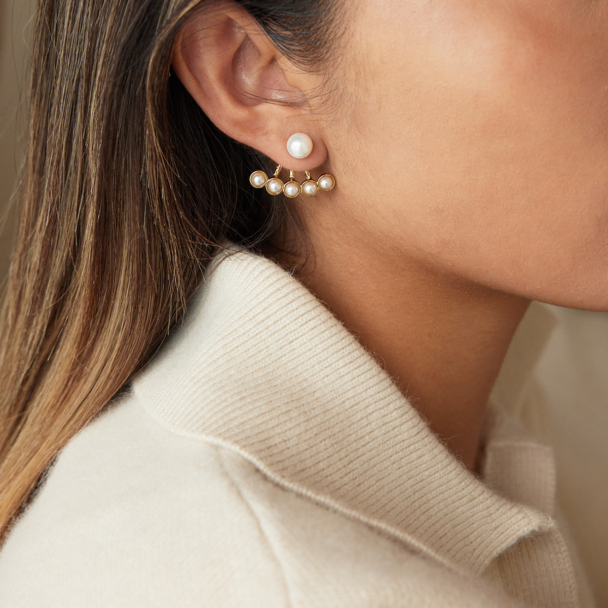 Jacket Pearl Stud Earrings