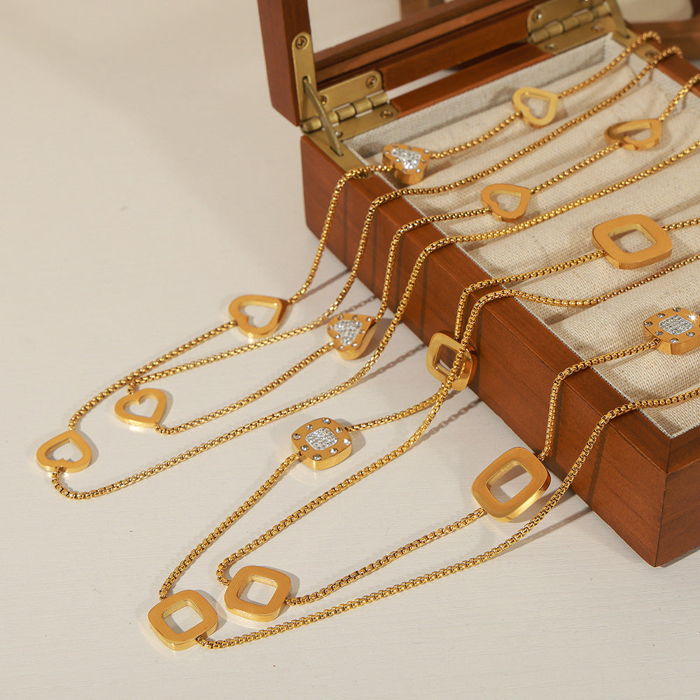 Hollow Zircon Square Pendant Long Necklace
