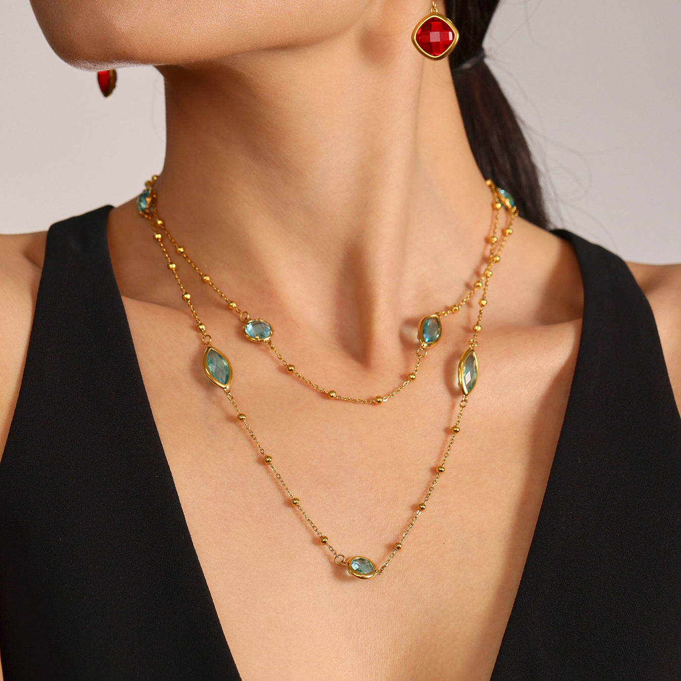 Glass Bead & Steel Ball Clavicle Necklace