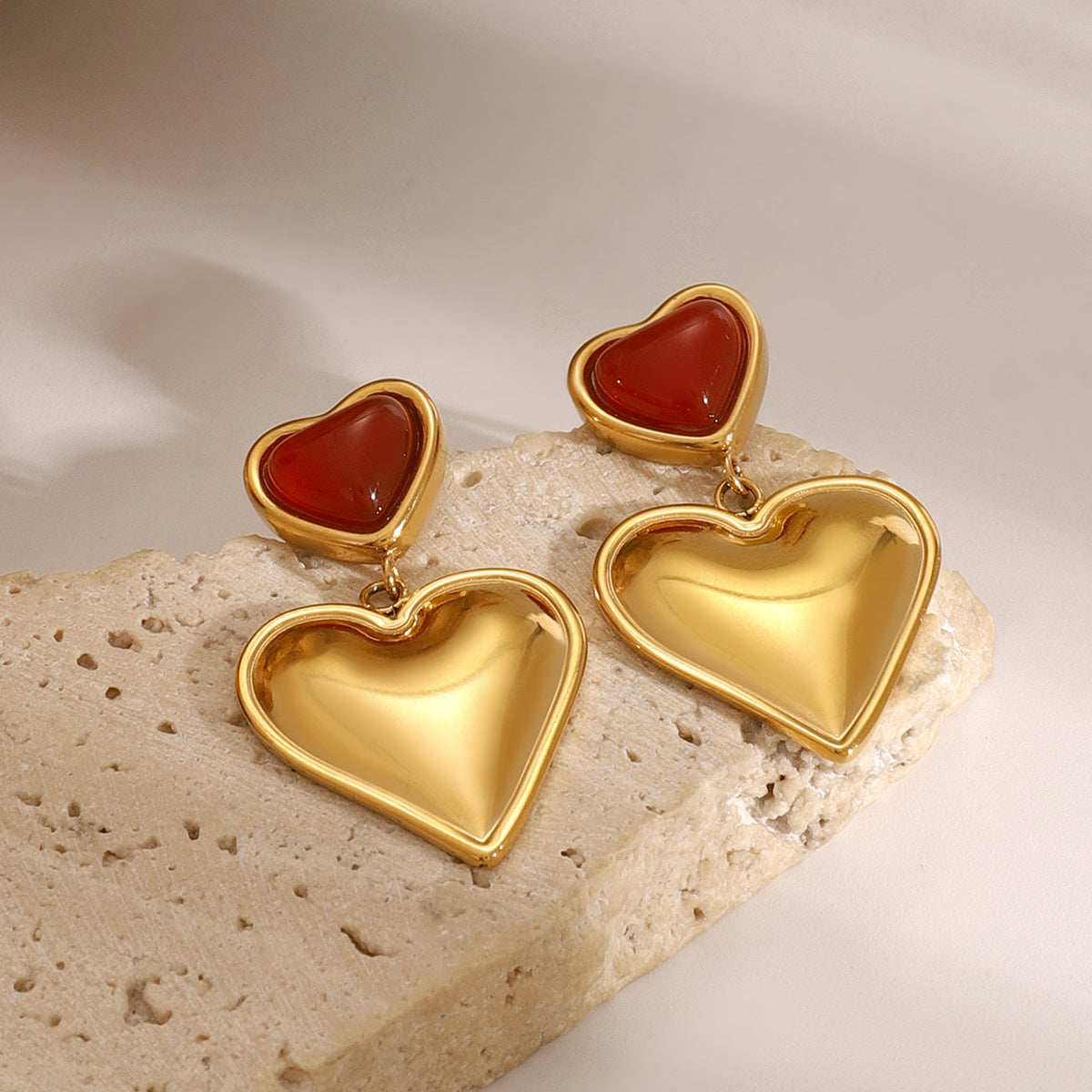 Red Agate Heart Stud Earrings