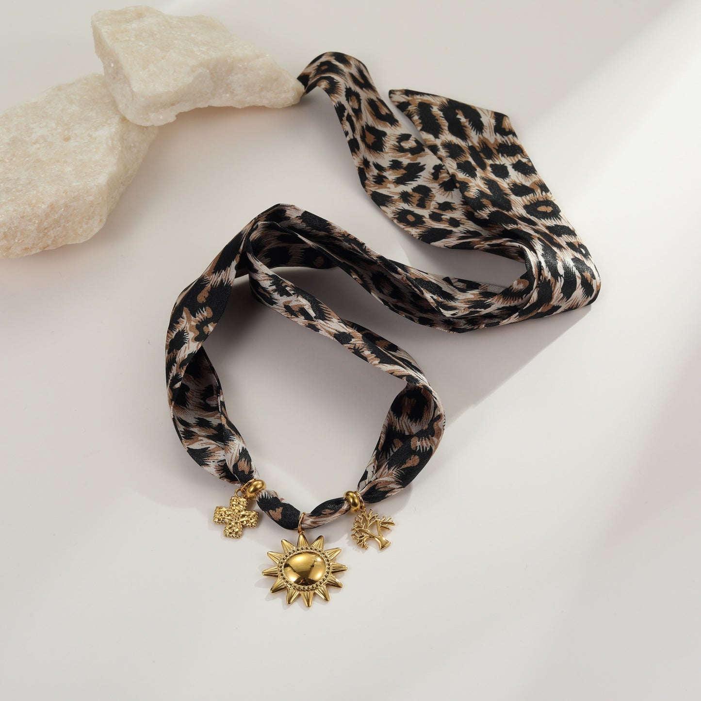 Leopard Print Scarf Sun Pendant Necklace Set