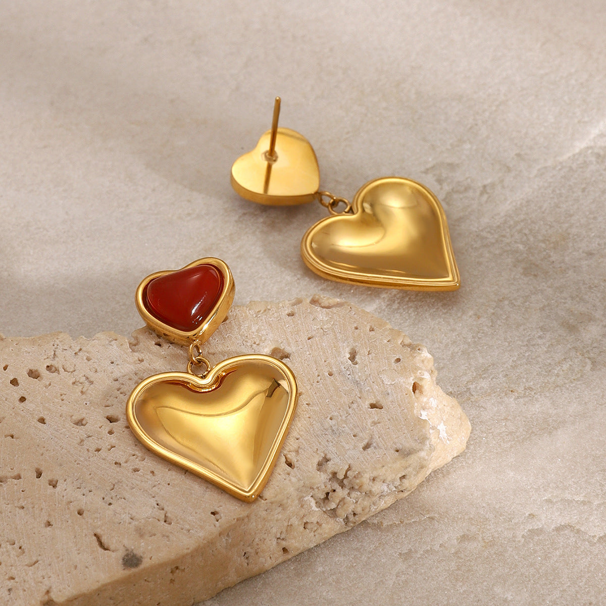 Red Agate Heart Stud Earrings