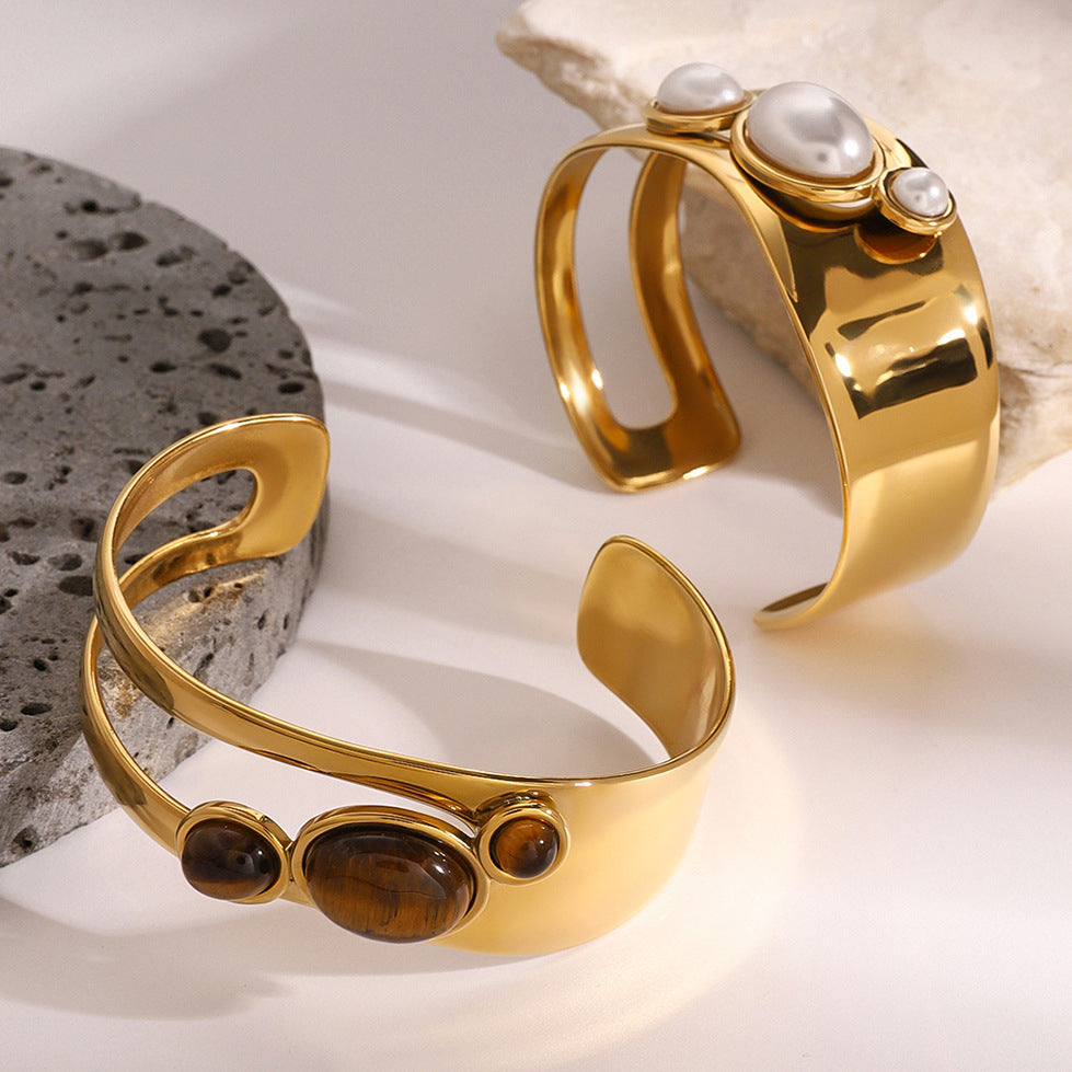 Hollow Pearl Natural Stone Open Bangle