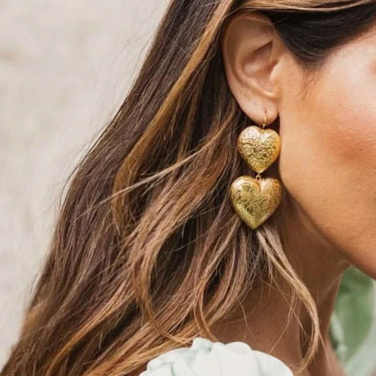 Vintage Heart & Floral Texture Wavy Earrings