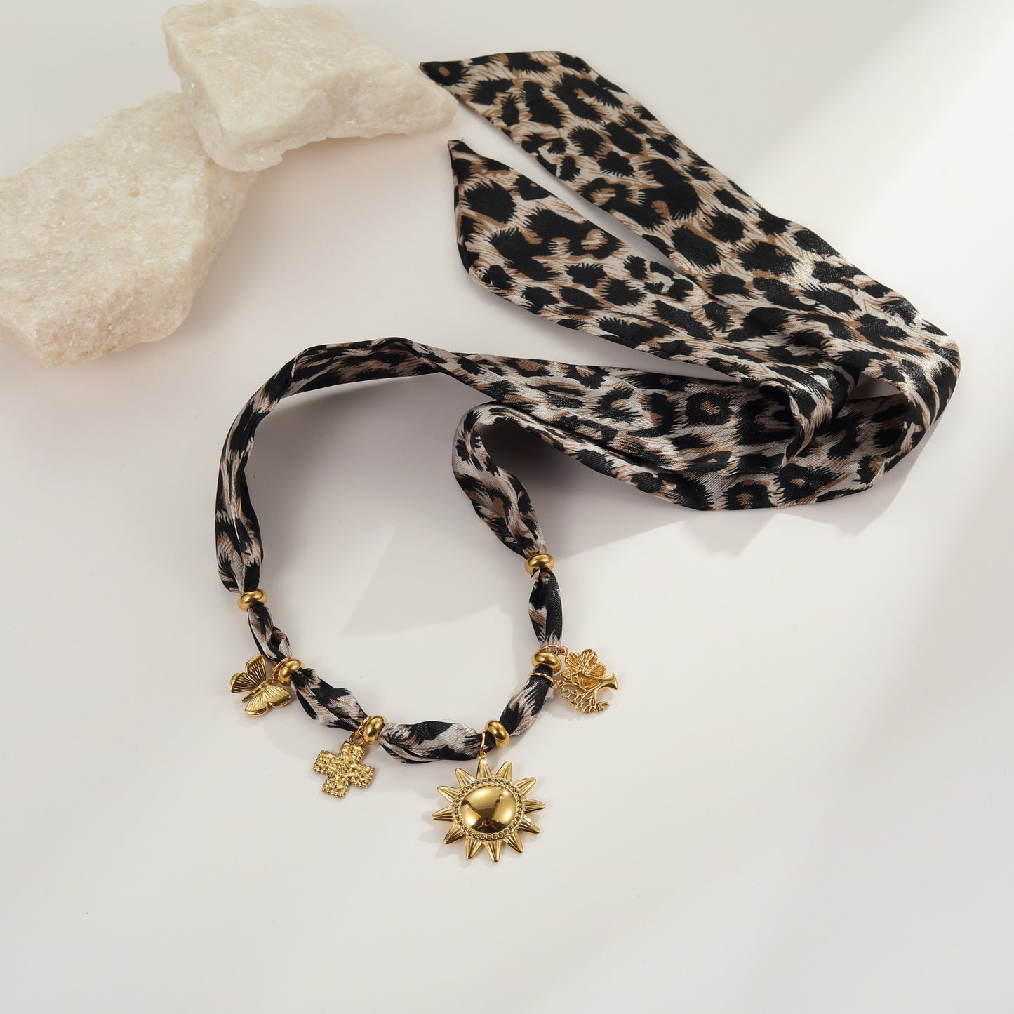 Leopard Print Scarf Sun Pendant Necklace Set