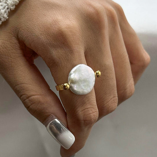 Stainless steel 18k gold-plated pearl ring