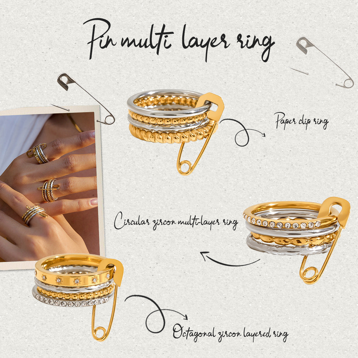 Stainless steel 18k gold-plated safety pin ring