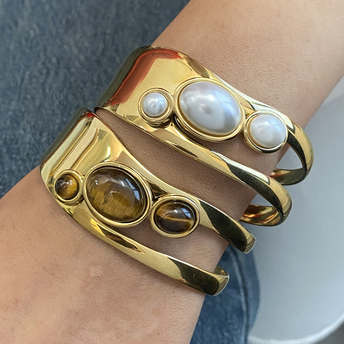 Stainless steel 18k gold-plated open-work pearl bracelet