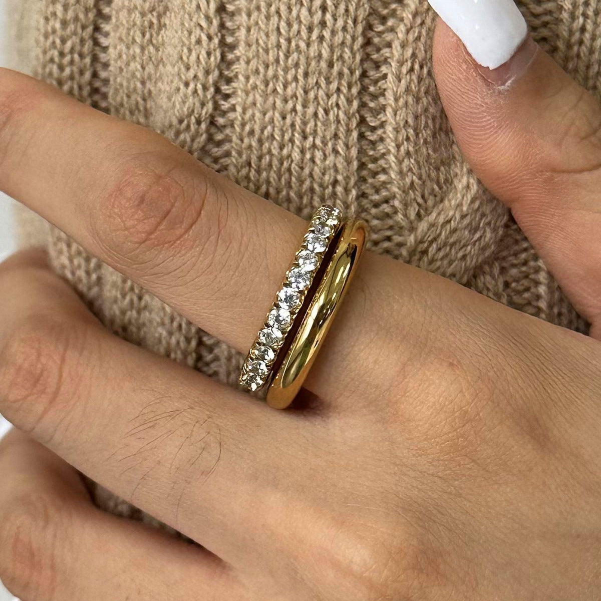 Stainless steel 18k gold-plated diamond-embellished stackable plain band rings