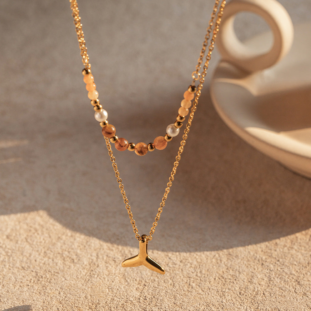 Stainless steel 18k gold-plated double-layered fish tail pendant necklace