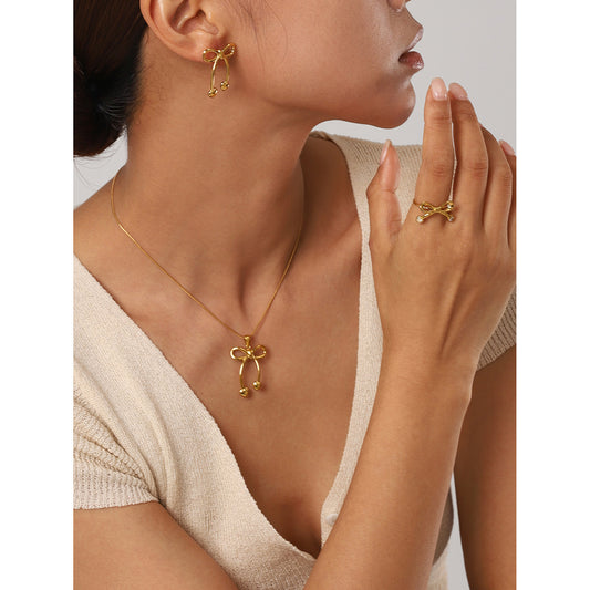 Stainless steel 18k gold-plated bow jewelry set