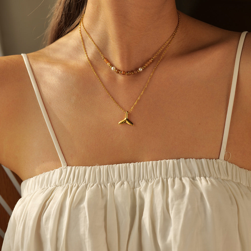 Stainless steel 18k gold-plated double-layered fish tail pendant necklace