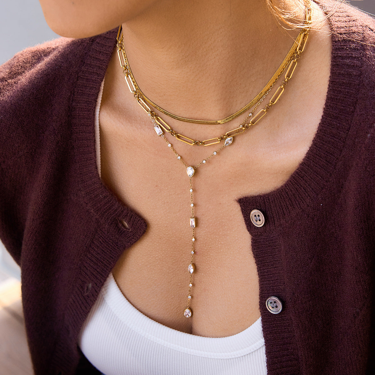 White Geometric Zircon Y-Necklace