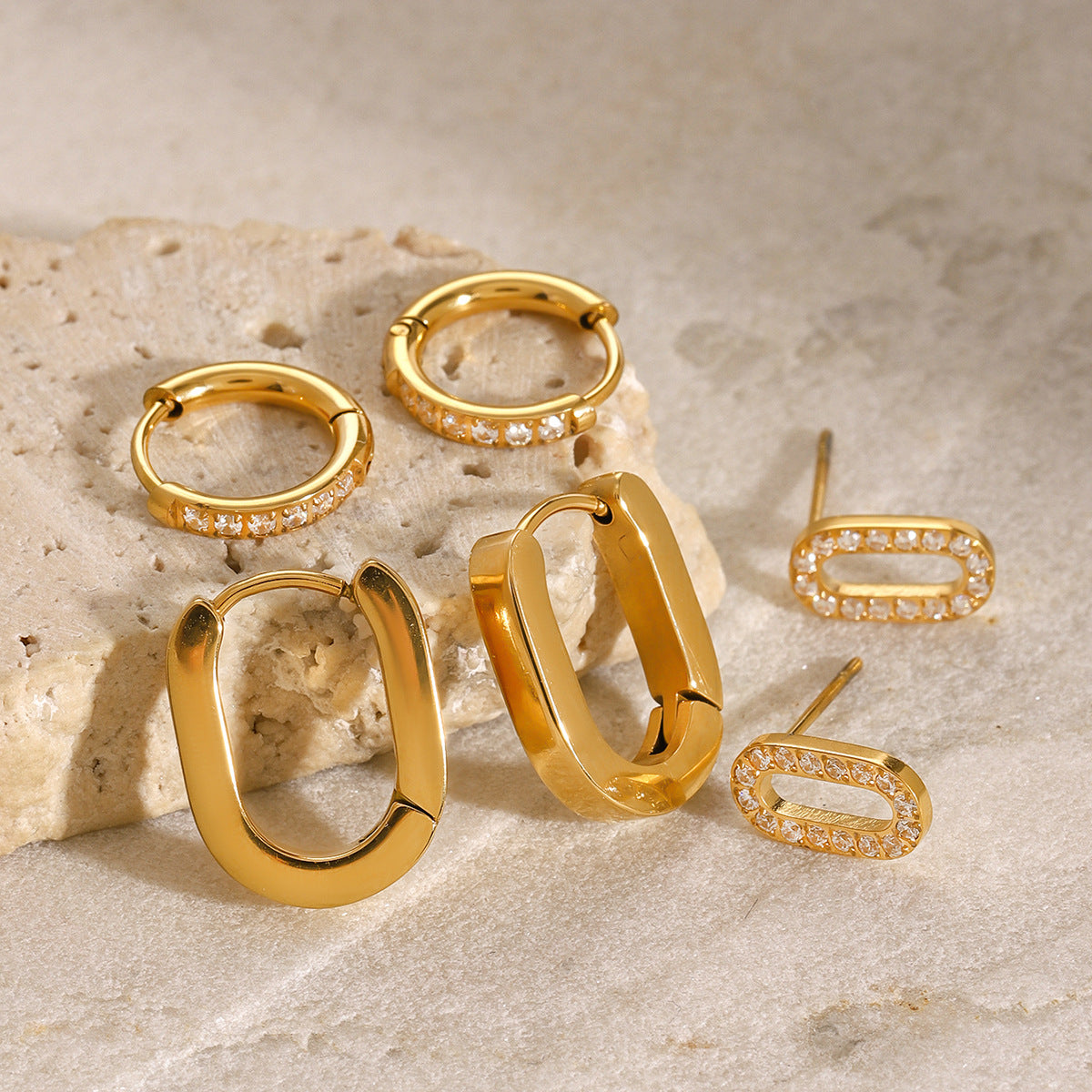 3 pairs of Stainless Steel 18k Gold-plated Circle Rhinestone Earrings