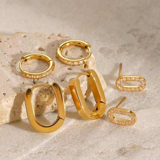 3 pairs of Stainless Steel 18k Gold-plated Circle Rhinestone Earrings