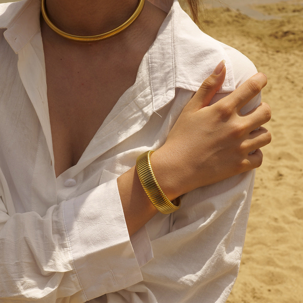 Stainless steel 18k gold-plated elastic wide bracelet