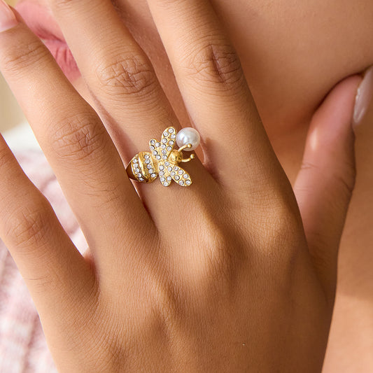 Bee Pearl Adjustable Open Ring