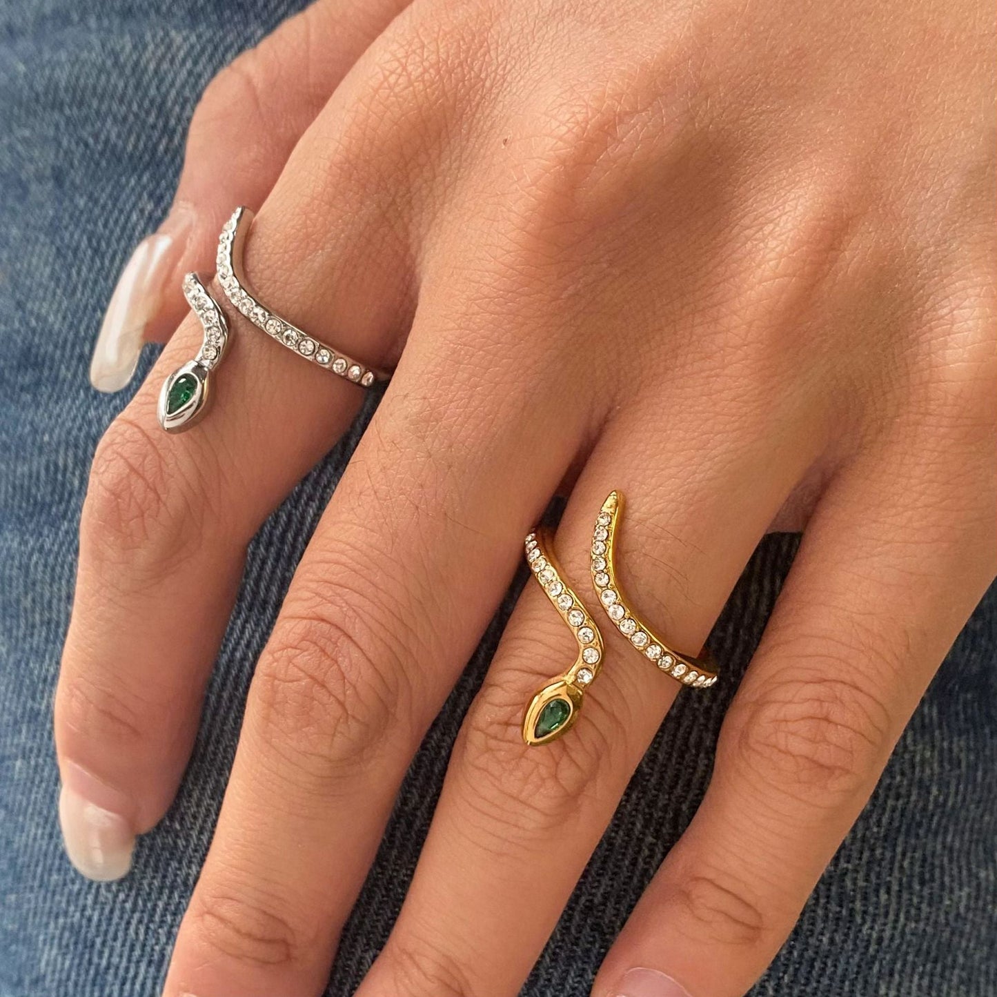 Stainless steel 18k gold-plated zircon snake ring