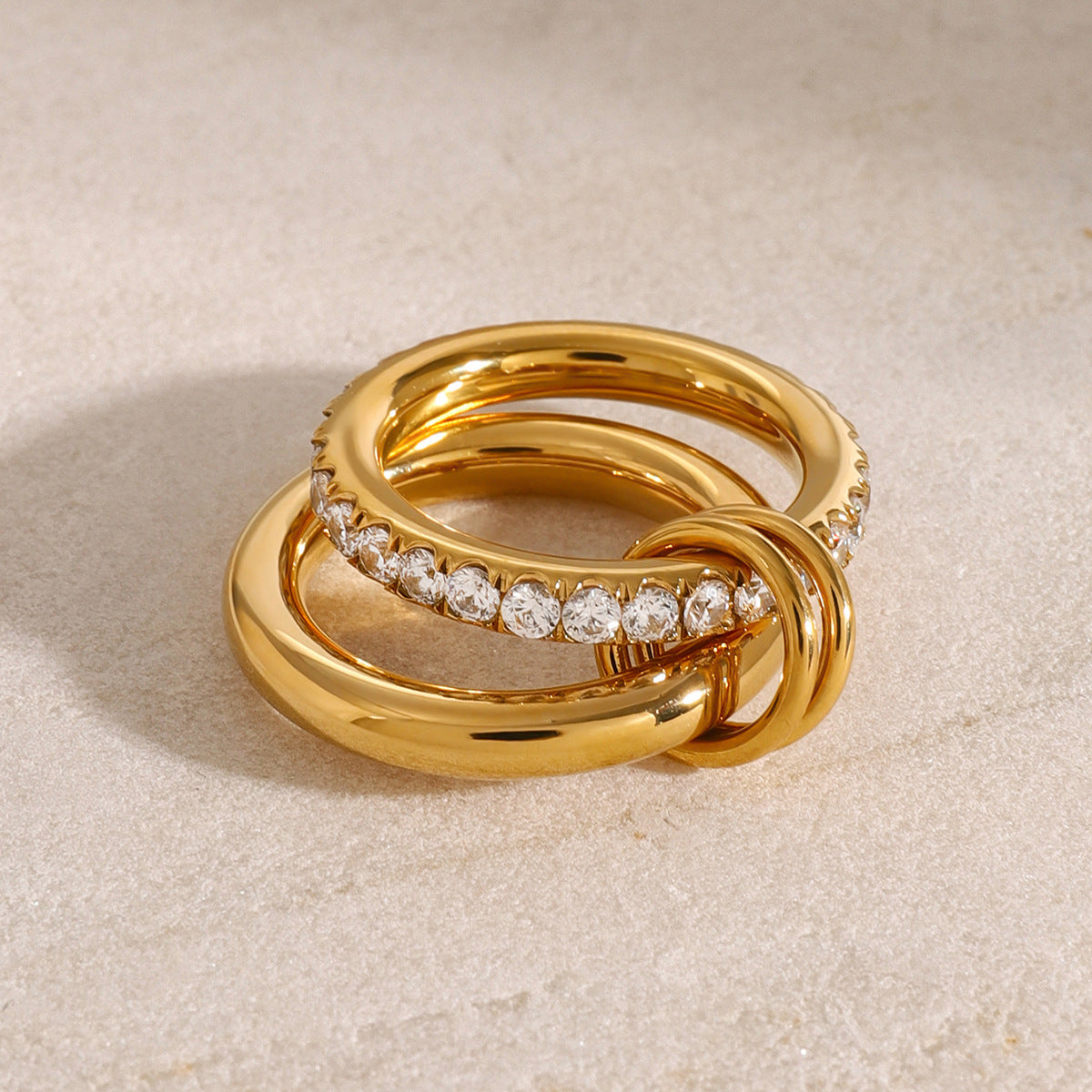 Stainless steel 18k gold-plated diamond-embellished stackable plain band rings