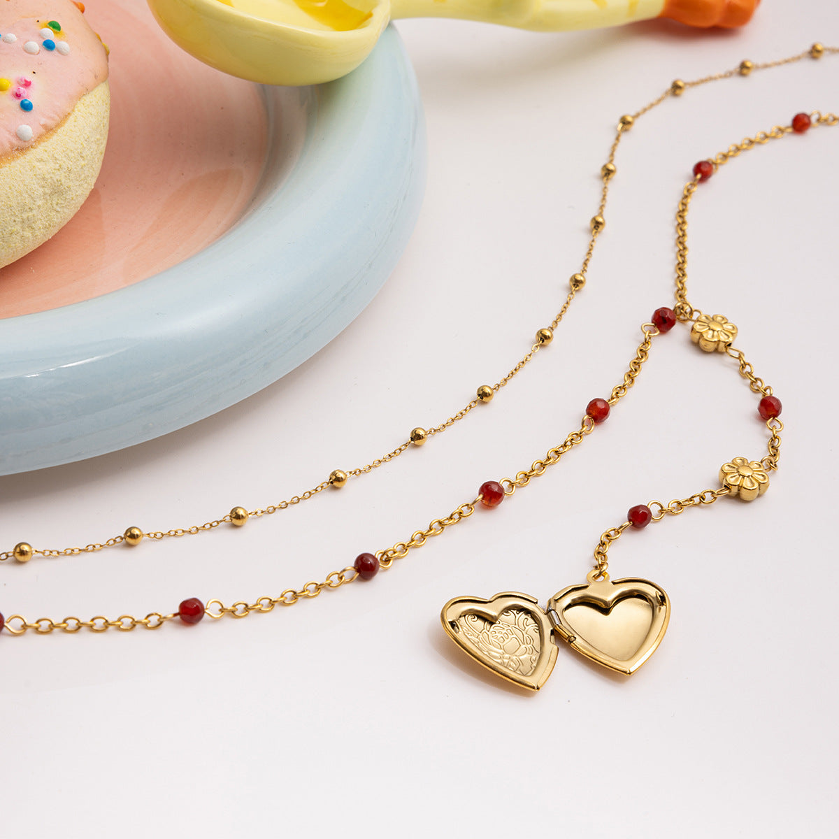 Retro Heart Photo Locket, Layered Red Stone Necklace