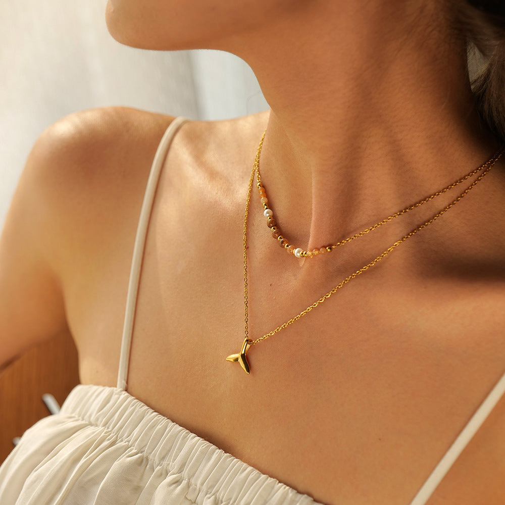 Stainless steel 18k gold-plated double-layered fish tail pendant necklace