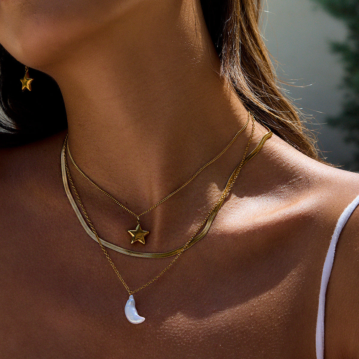 Star & Moon Titanium Steel Multi-Layer Necklace