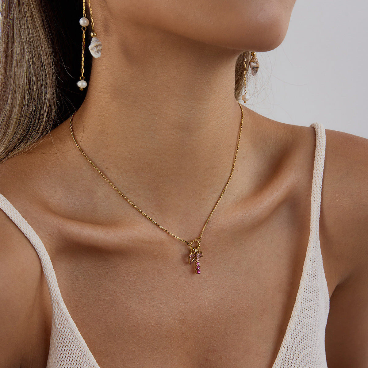 Stainless steel 18k gold-plated pink necklace