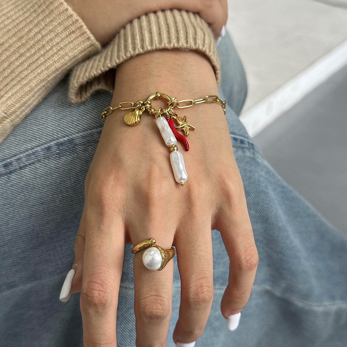 Stainless steel 18k gold-plated marine sailor knot pearl pendant bracelet