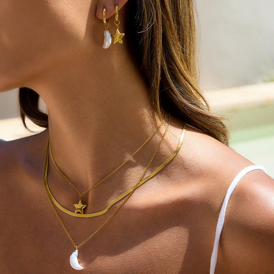 Star & Moon Titanium Steel Multi-Layer Necklace