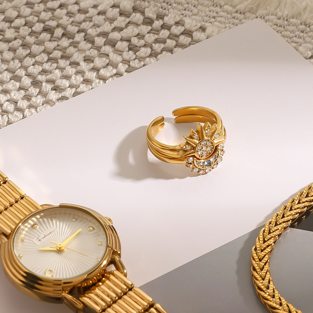 Stainless steel 18k gold-plated sun and moon rings