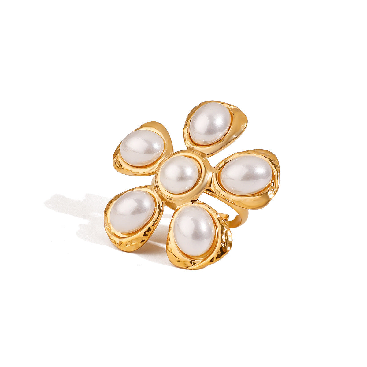 Stainless steel 18k gold-plated pearl flower ring